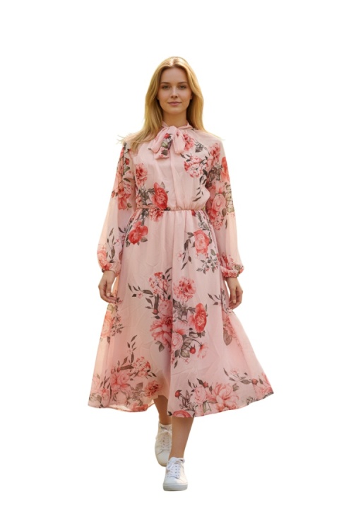 Sukienka szyfonowa midi w kwiaty różowa – elegancka damska stylizacja wiosenna, lekka i zwiewna