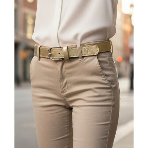 Beżowy, wąski pasek damski ze skóry ekologicznej - Peterson