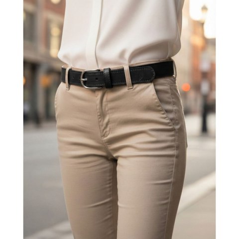 Czarny pasek damski ze skóry ekologicznej z klasyczną, srebrną klamrą - Peterson