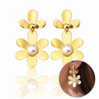 Kolczyki ze stali szlachetnej platerowane 14k złotem KWIATY perły KST3381