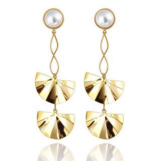 Kolczyki ze stali szlachetnej pozłacane 14k złotem, perły, efektowne, wiszące blaszki KST3505