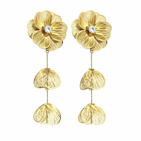Kolczyki ze stali szlachetnej pozłacane 14k złotem, wiszące kwiaty z cyrkoniami KST3527