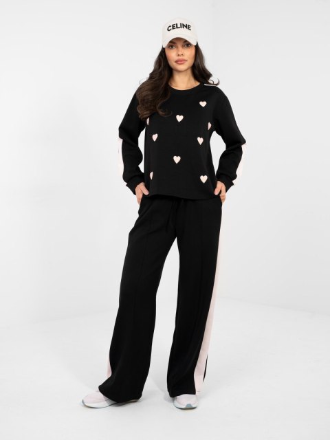 Czarny komplet damski RUE PARIS bluza w serduszka szerokie spodnie