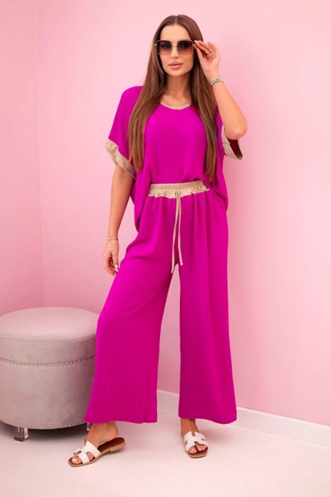 fioletowy komplet damski z wiskozy ze złotym obszyciem szerokie spodnie