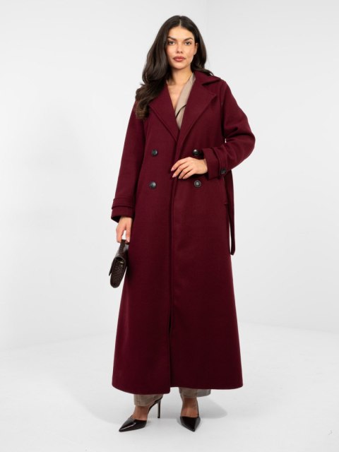Bordowy płaszcz damski do eleganckich i casualowych stylizacji jesień wiosna