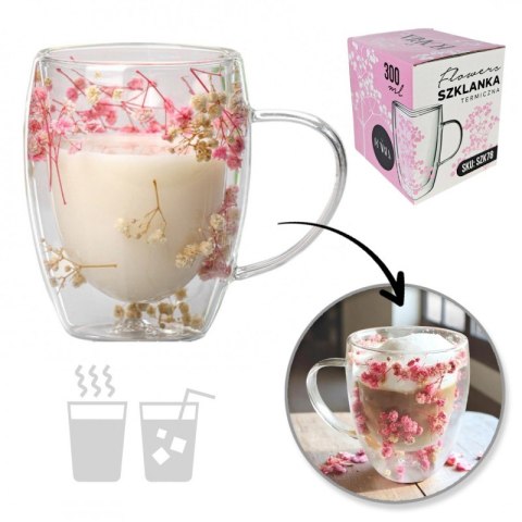 Podwójna szklanka termiczna z suszonymi kwiatami gipsówki efekt dekoracyjny