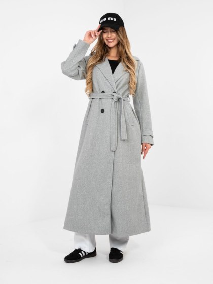 Szary elegancki płaszcz damski dwurzędowy z paskiem MAYA