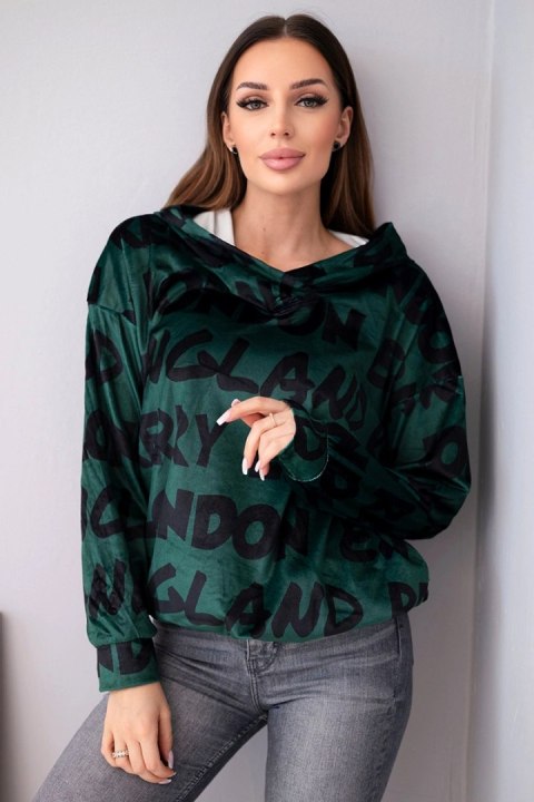 Bluza damska oversize z kapturem i nadrukiem ciemno zielona