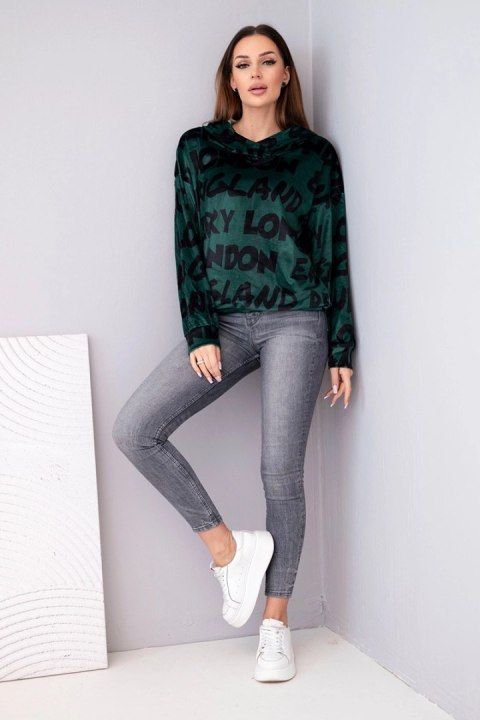Bluza damska oversize z kapturem i nadrukiem ciemno zielona