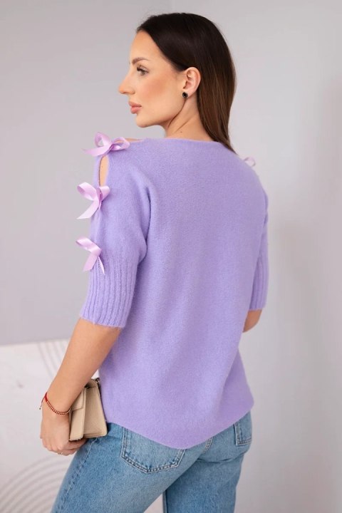 Sweter damski z krótkim rękawem i ozdobnymi kokardkami fioletowy