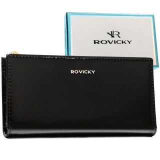Czarny, duży portfel damski ze skóry ekologicznej zamykany suwakiem i zatrzaskiem - Rovicky