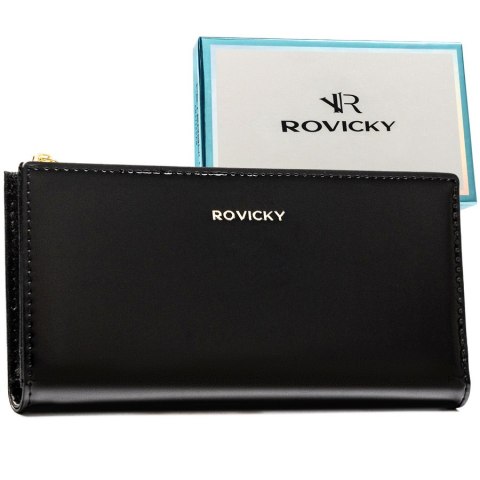 Czarny, duży portfel damski ze skóry ekologicznej zamykany suwakiem i zatrzaskiem - Rovicky