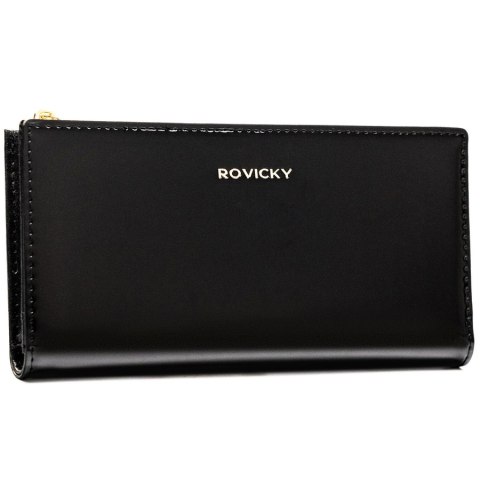 Czarny, duży portfel damski ze skóry ekologicznej zamykany suwakiem i zatrzaskiem - Rovicky