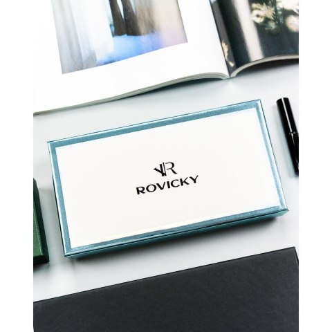 Czarny, duży portfel damski ze skóry ekologicznej zamykany suwakiem i zatrzaskiem - Rovicky