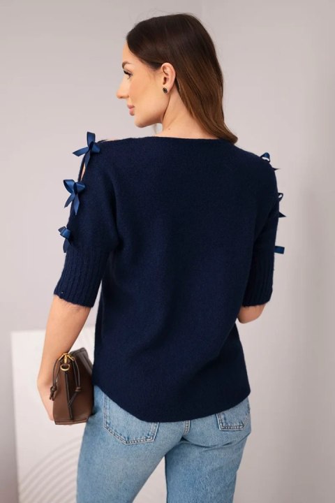 Granatowy sweter damski krótki rękaw z kokardkami