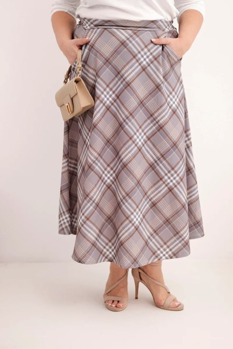 Spódnica damska Plus Size w kratę z szerokim dołem szara