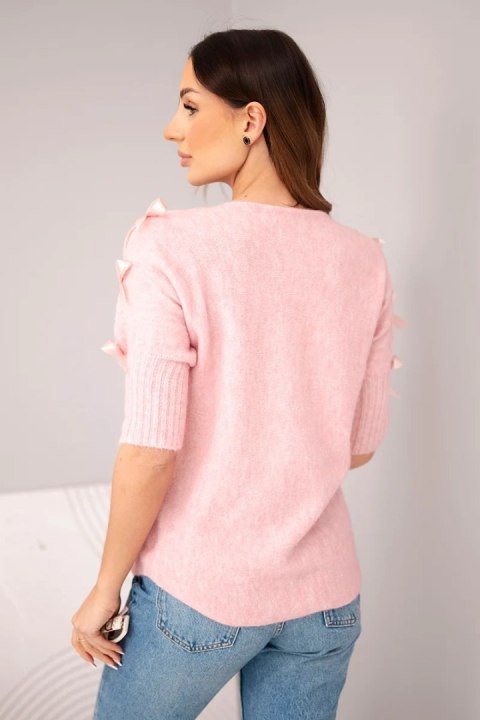 Sweter damski krótki rękaw z kokardkami ciemny pudrowy róż