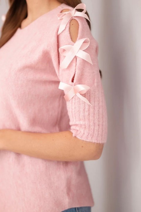 Sweter damski krótki rękaw z kokardkami ciemny pudrowy róż