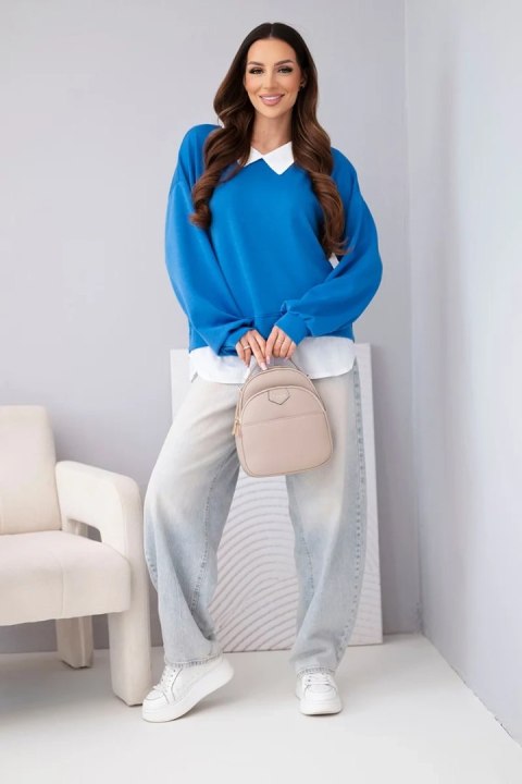 Bluza damska masełkowa z wiskozowy i z koszulową wstawką chabrowa