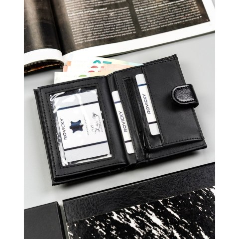 Duży, czarny portfel męski ze skóry ekologicznej zapinany na zatrzask - 4U Cavaldi