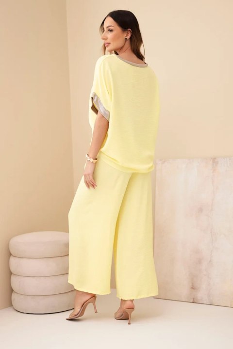 żółty komplet szerokie spodnie stylizacja