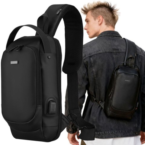 Czarna saszetka męska na ramię wykonana ze skóry ekologicznej - Rovicky