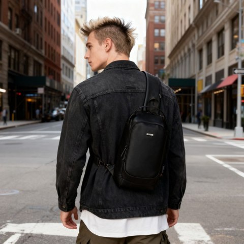 Czarna saszetka męska na ramię wykonana ze skóry ekologicznej - Rovicky