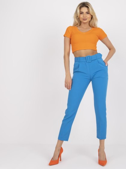 Niebieskie eleganckie spodnie damskie ITALY MODA Giulia z paskiem i wysokim stanem
