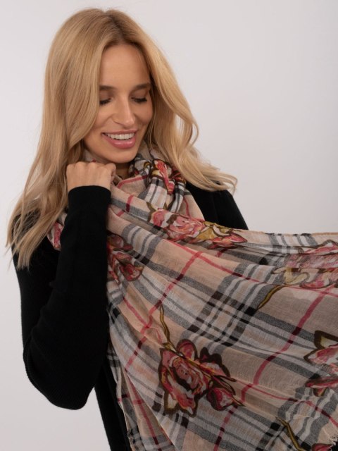 brzoskwiniowa chusta damska krata kwiaty z frędzlami stylowy szal