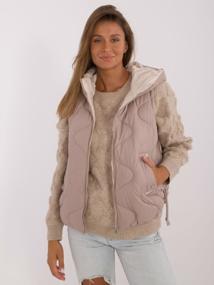 Ciemnobeżowa Pikowana Kamizelka z Kapturem i Ściągaczami SNOW MODA