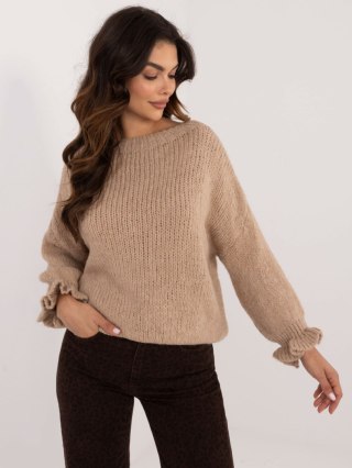 Ciemnobeżowy sweter damski oversize z falbankami i dodatkiem wełny ITALY MODA