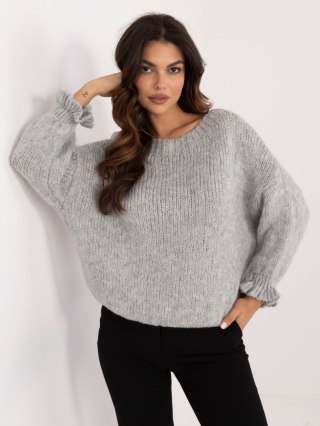 Szary sweter damski oversize z falbankami i dodatkiem wełny ITALY MODA