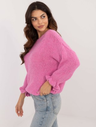 Brudnoróżowy sweter damski oversize z falbankami i dodatkiem wełny ITALY MODA
