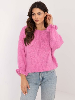 Brudnoróżowy sweter damski oversize z falbankami i dodatkiem wełny ITALY MODA