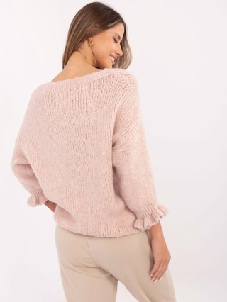 Jasnoróżowy sweter damski oversize z falbankami i dodatkiem wełny ITALY MODA