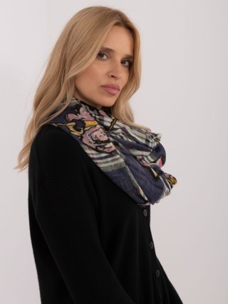 Granatowa Damska Chusta w Kratę z Kwiatami i Frędzlami – Duży Szal 200×70 cm