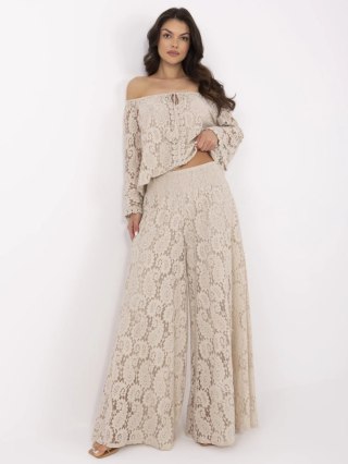 Beżowe koronkowe spodnie palazzo boho z szeroką nogawką – Italy Moda