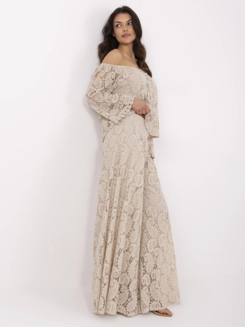 eleganckie spodnie damskie koronkowe beżowe szerokie nogawki