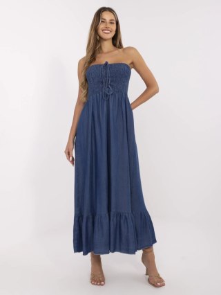 Ciemnoniebieska sukienka maxi bandeau z falbaną i marszczeniem Italy Moda