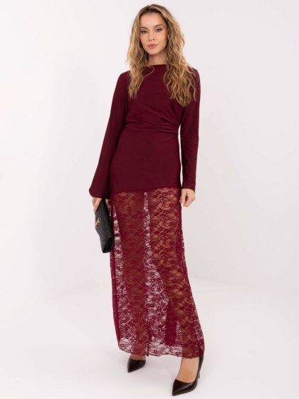 Bordowa sukienka maxi z koronkowym dołem ITALY MODA