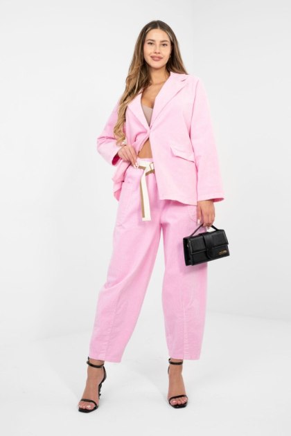 Pastelowe Różowe Spodnie Sztruksowe Damskie Carrot RUE PARIS z Paskiem