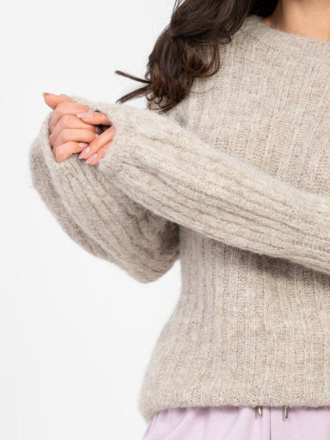 Sweter damski w kolorze ciemnego beżu z bufiastymi rękawami