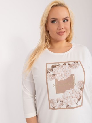 Ecru Bawełniana Bluzka Plus Size z Nadrukiem RELEVANCE RV-BZ-9404.07 – Casual z Rękawem 3/4