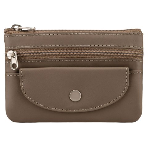 Ciemnobeżowe etui na klucze ze skóry naturalnej z zewnętrzną kieszenią na zatrzask