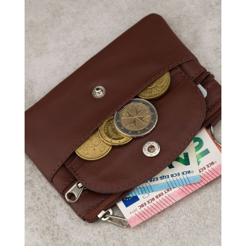 Ciemnobrązowe etui na klucze ze skóry naturalnej z zewnętrzną kieszenią na zatrzask