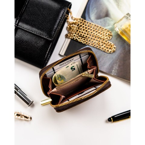 Brązowy portfel damski wykonany ze skóry ekologicznej zamykany na suwak - Rovicky