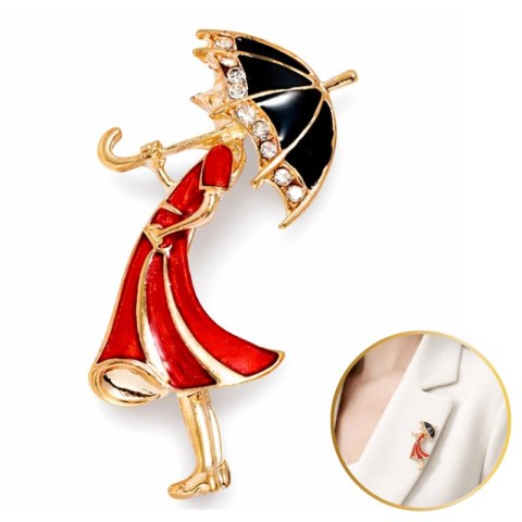 Broszka ozdobna delikatna, Kobieta w czerwonej sukience z parasolką BZ237