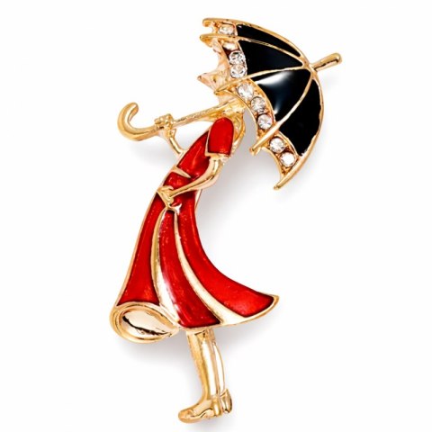 Broszka ozdobna delikatna, Kobieta w czerwonej sukience z parasolką BZ237