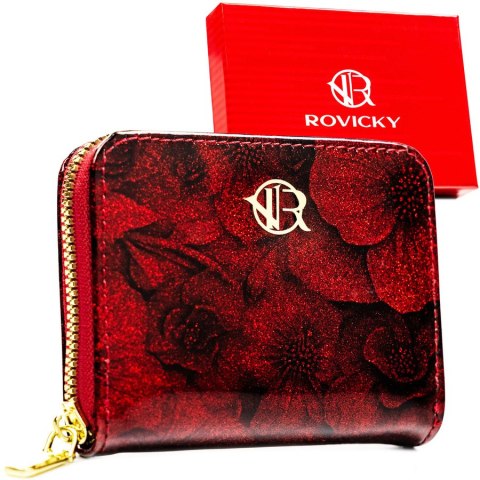 Elegancki portfel damski wykonany ze skóry ekologicznej w czerwonym kolorze ze wzorem w kwiaty - Rovicky