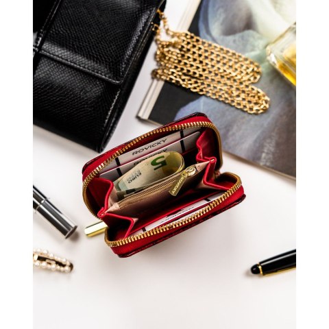 Elegancki portfel damski wykonany ze skóry ekologicznej w czerwonym kolorze ze wzorem w kwiaty - Rovicky